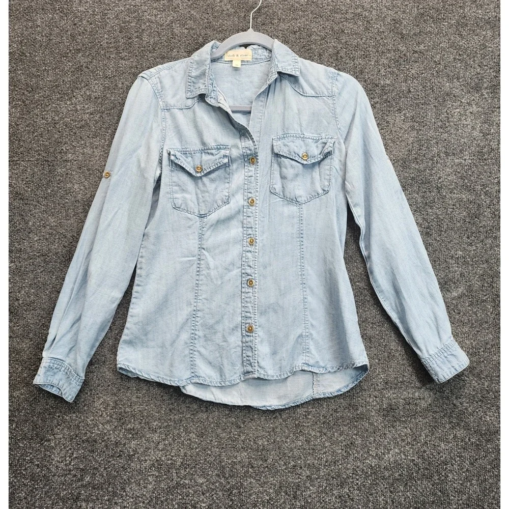 Cloth & Stone Womens Tencel Chambray Boho Western Coastal Button Down Shirt XS